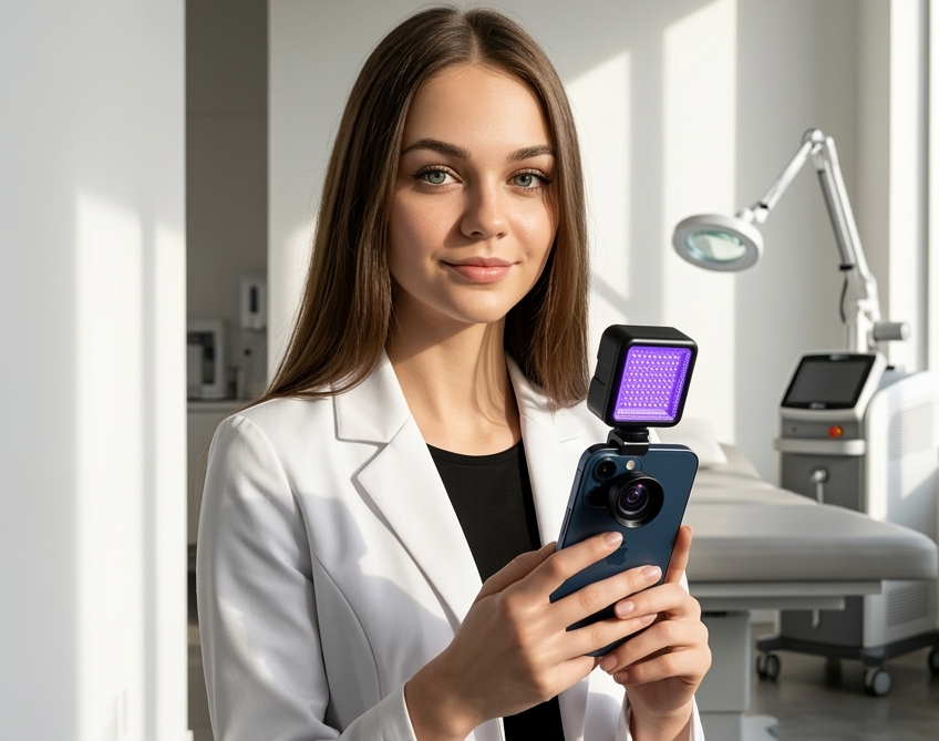 Анна Ушакова демонстрирует устройство NeuroDerm для анализа кожи